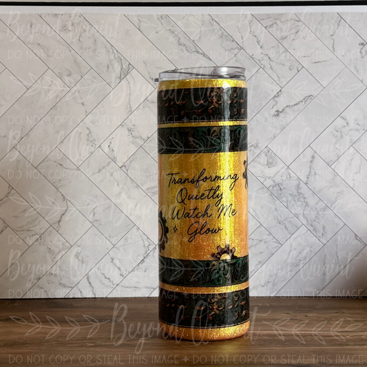 Transforming Quietly 20oz Tumbler | Gold Glitter & Steampunk Gears