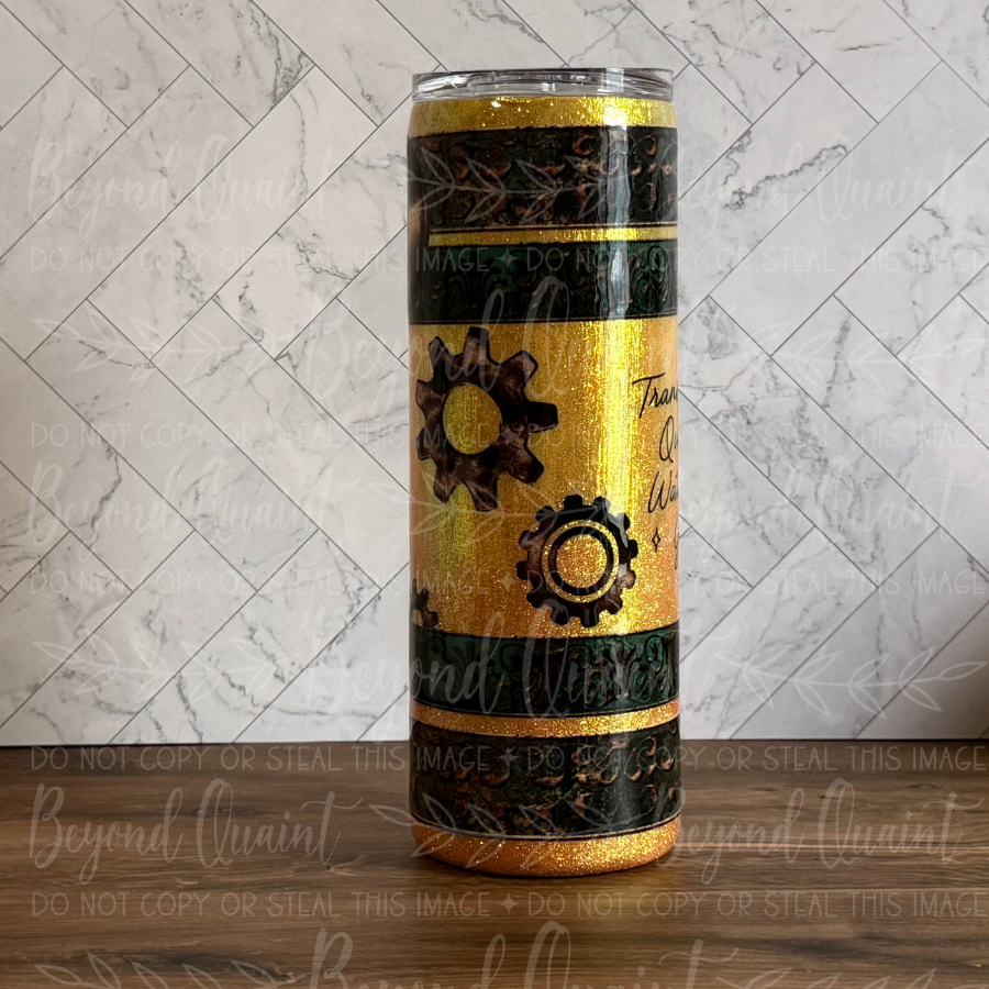 Transforming Quietly 20oz Tumbler | Gold Glitter & Steampunk Gears