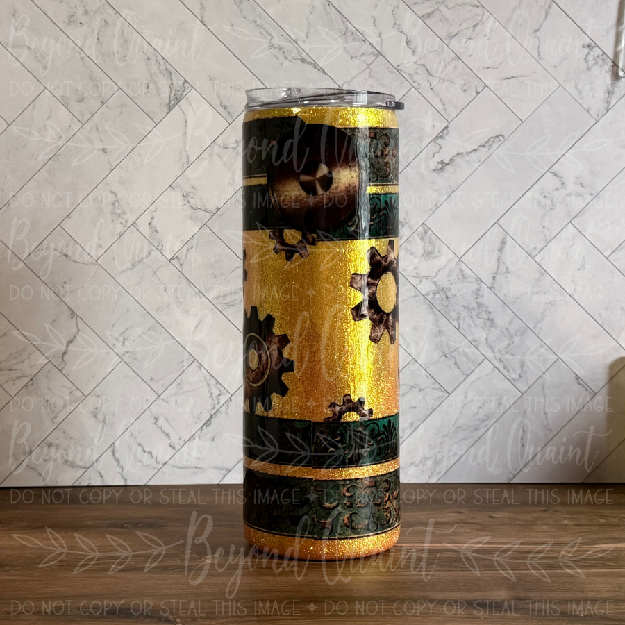 Transforming Quietly 20oz Tumbler | Gold Glitter & Steampunk Gears
