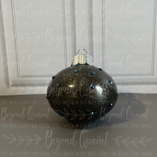 Black Beaded Christmas Ornament | Glitter & Blue Jewel Accents